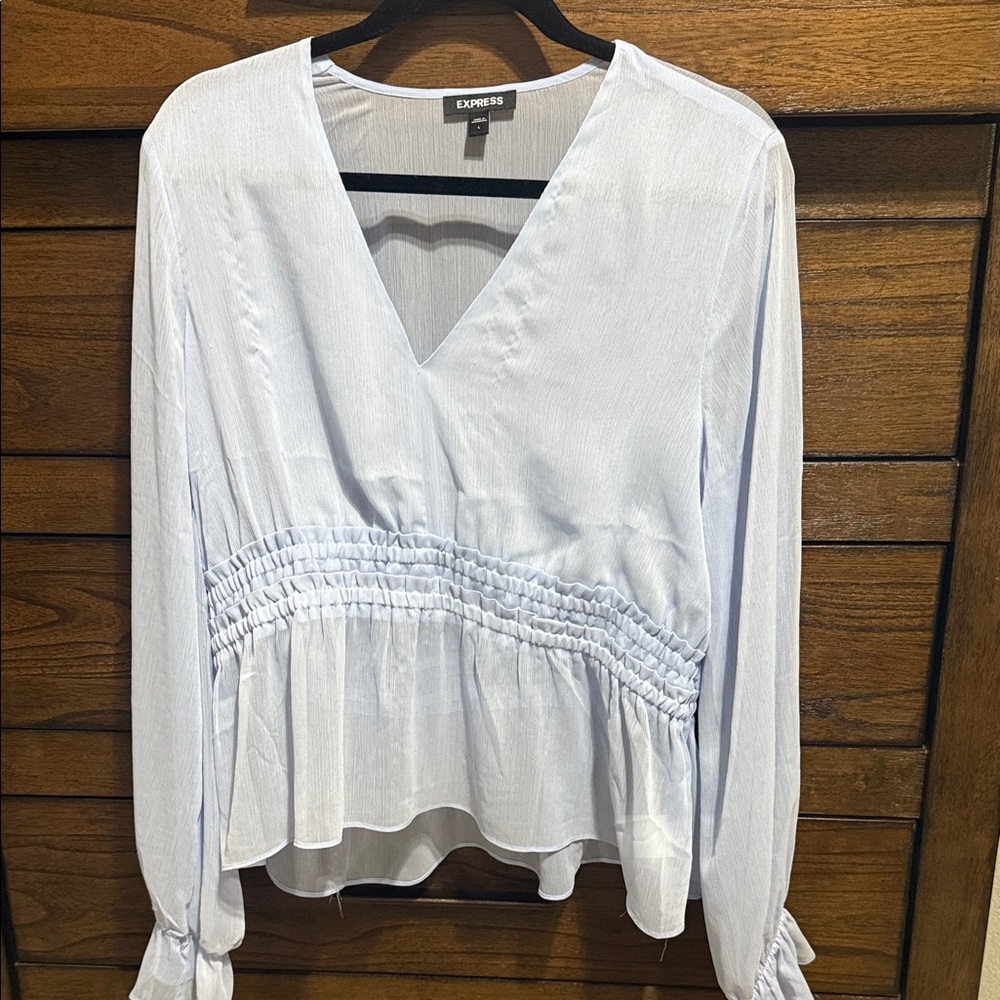 Express Women's Soft Blue Ruched V-Neck Blouse
